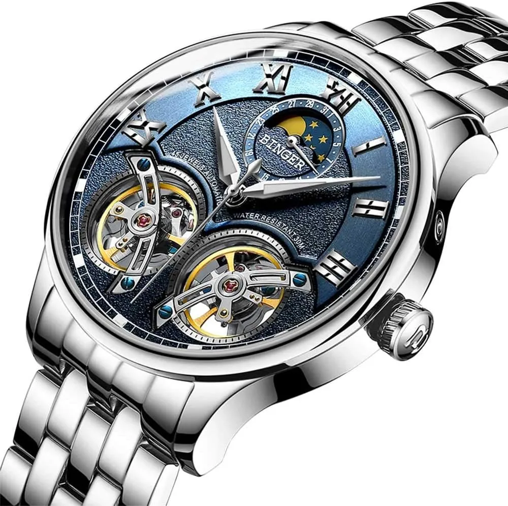 MASTOP Luxury Mens Watches Skeleton Automatic Mechanical Wrist Watch Stainless Steel Band with Double Tourbillon