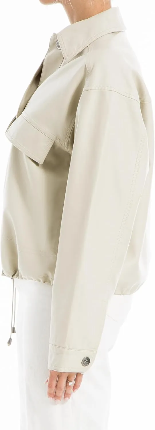 Max Studio Women's Fashion Everyday Casual Long Sleeve Faux Leather Short Outerwear Jacket