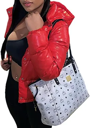 Mayntop Women Jacket Coat Hooded Cotton Padded Fill Solid Color Plain Puffer Plus Size Snap-Button Zipper Warm Outerwear