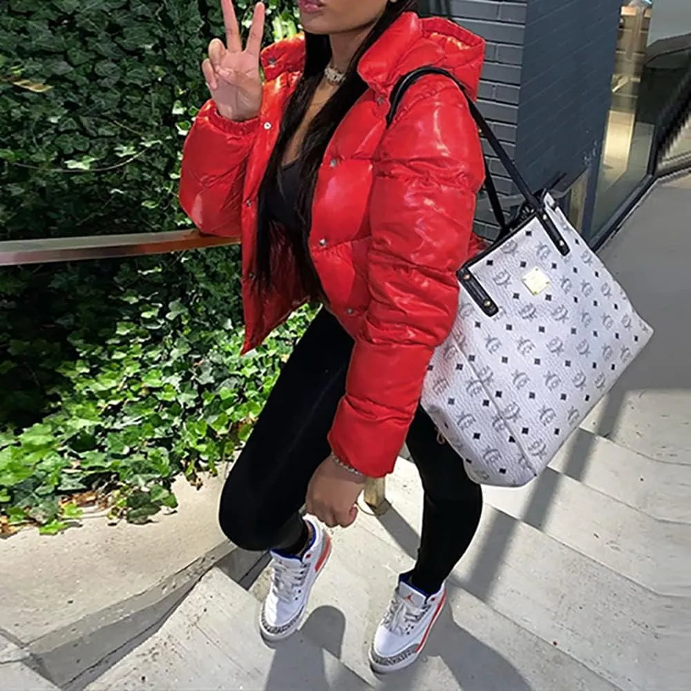 Mayntop Women Jacket Coat Hooded Cotton Padded Fill Solid Color Plain Puffer Plus Size Snap-Button Zipper Warm Outerwear