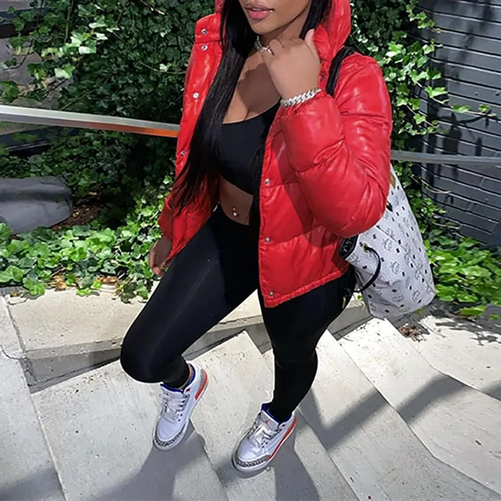 Mayntop Women Jacket Coat Hooded Cotton Padded Fill Solid Color Plain Puffer Plus Size Snap-Button Zipper Warm Outerwear