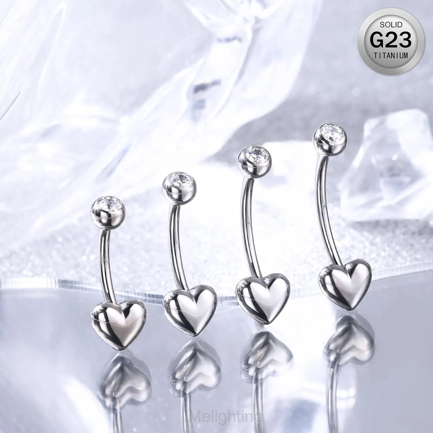 Melighting 14G Heart Belly Button Ring - G23 Titanium Navel Piercing Jewelry for Women - 10mm/12mm/14mm/16mm Internally Threaded