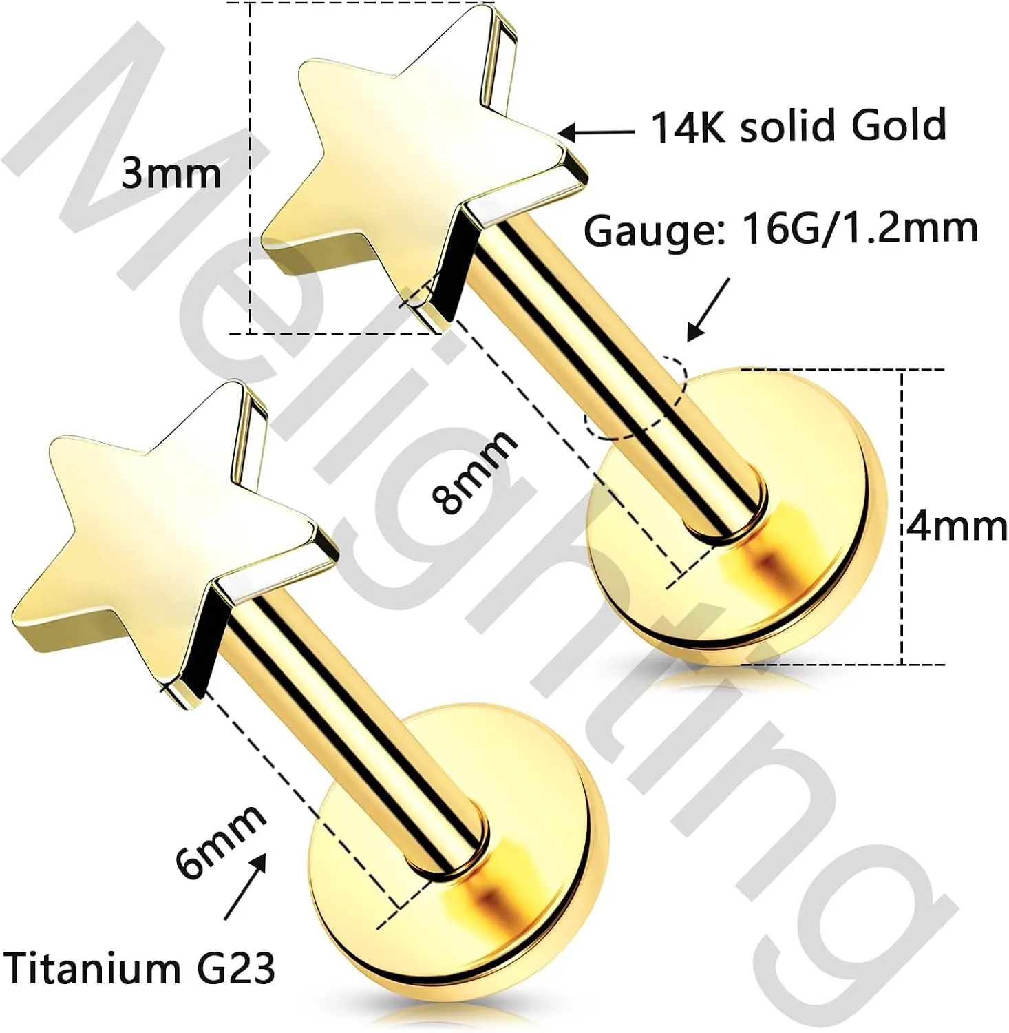 Melighting 14K Solid Gold Flat Back Earring Titanium Threadless Push In Earring 16G Gold Cartilage Earring 6 mm Conch Piercing Jewelry Helix Earring For Women