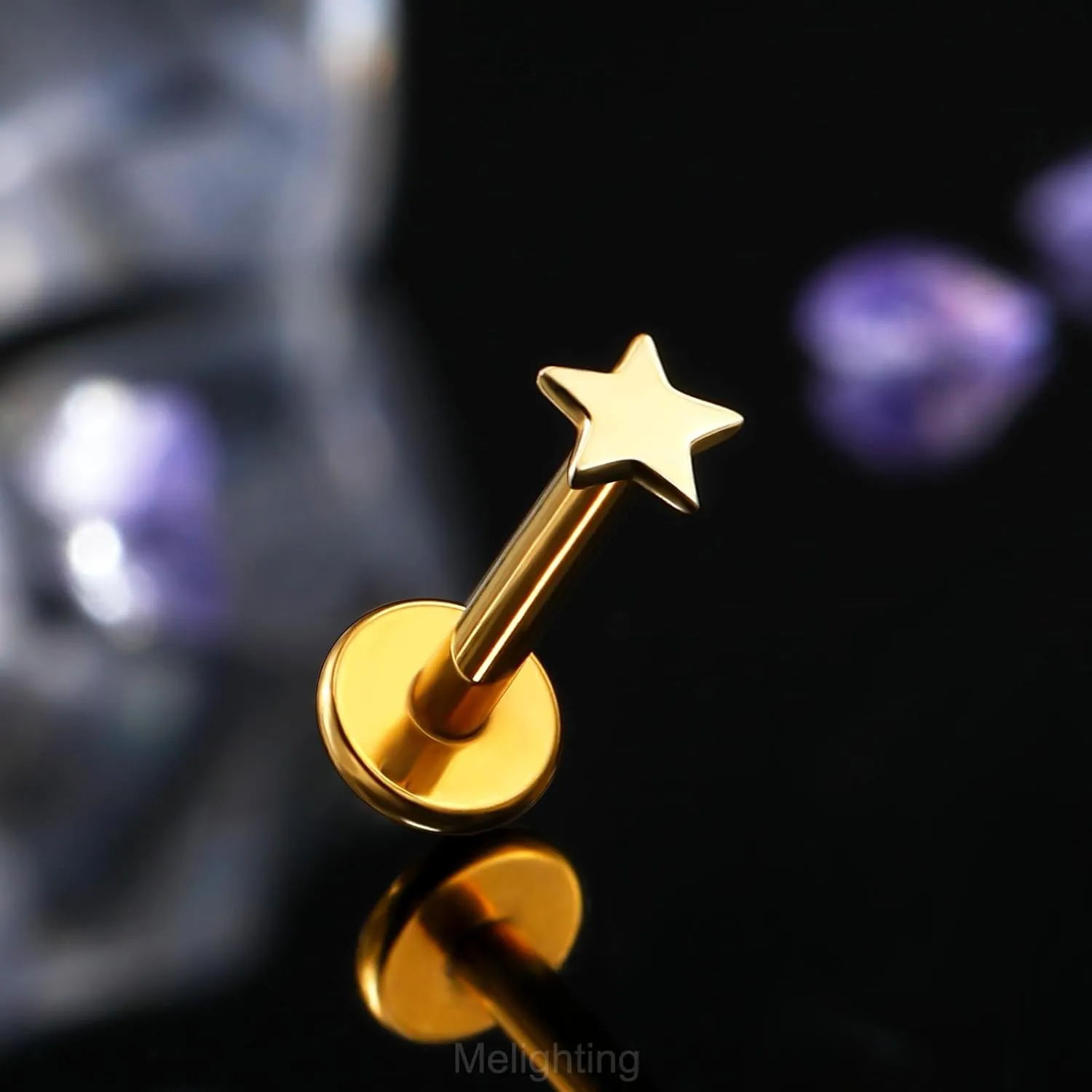 Melighting 14K Solid Gold Flat Back Earring Titanium Threadless Push In Earring 16G Gold Cartilage Earring 6 mm Conch Piercing Jewelry Helix Earring For Women