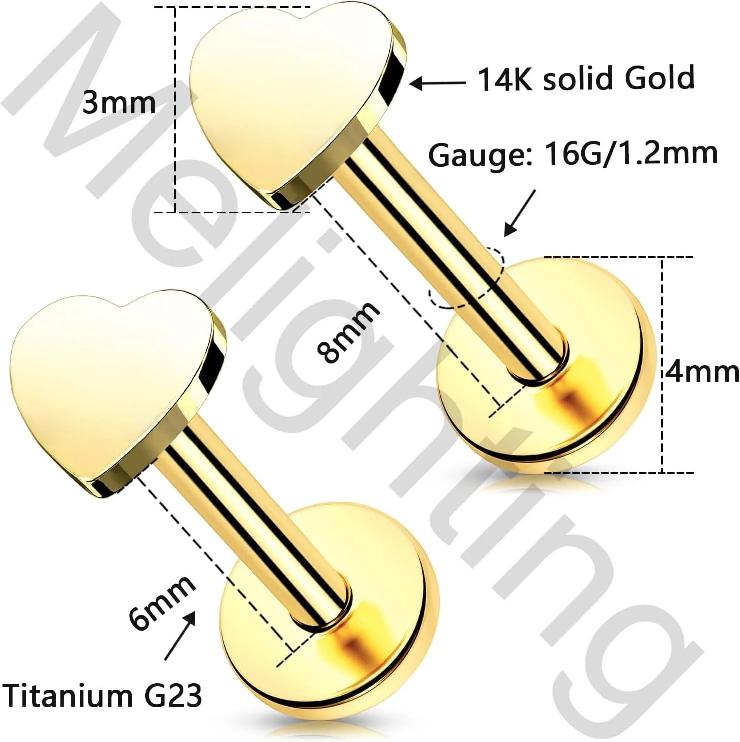 Melighting 14K Solid Gold Flat Back Earring Titanium Threadless Push In Earring 16G Gold Cartilage Earring 6 mm Conch Piercing Jewelry Helix Earring For Women