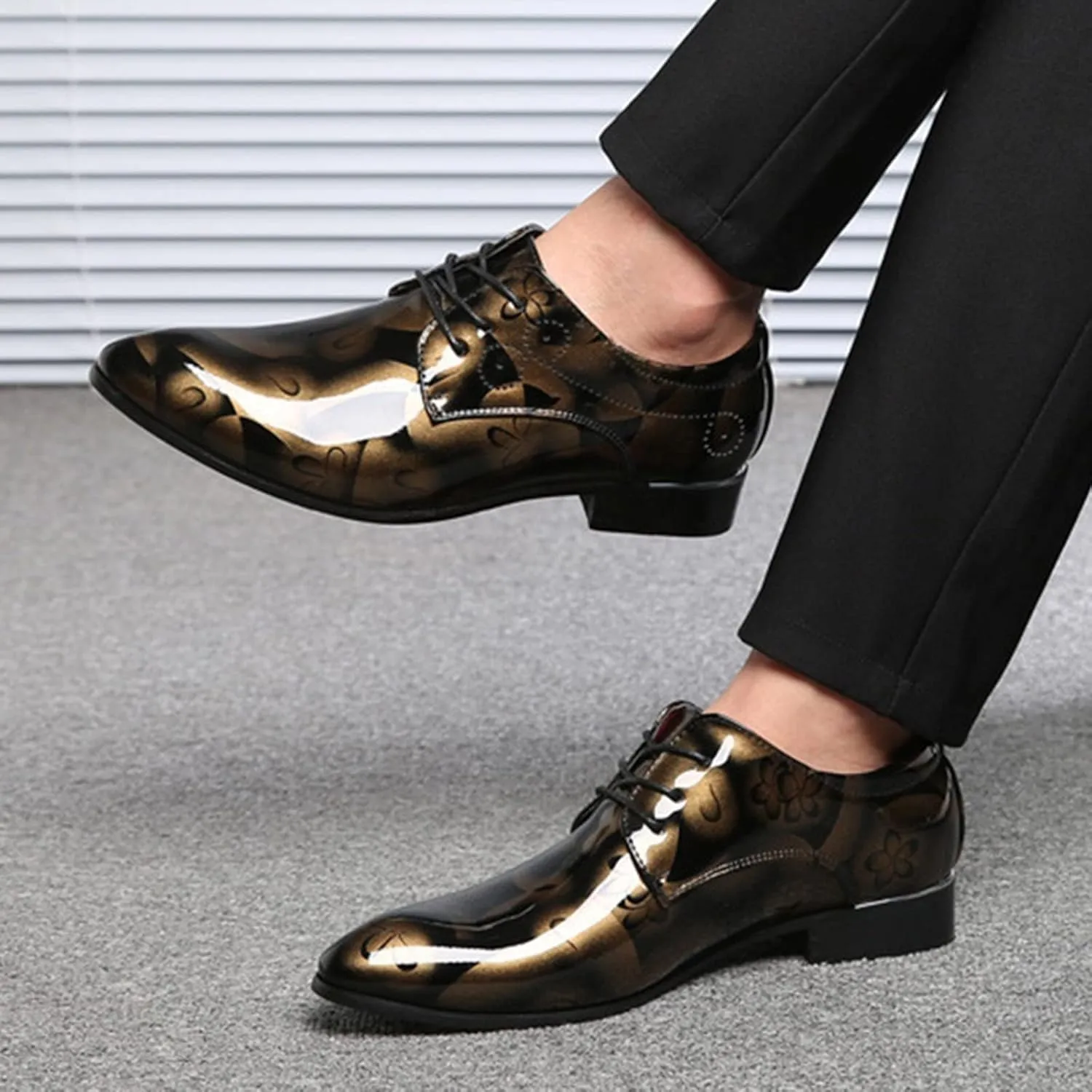 Men Fashion Dress Business Shoe Pointed Toe Floral Print Leather Lace Up Oxford Sneaker Low Heel Slip On Walking Shoes