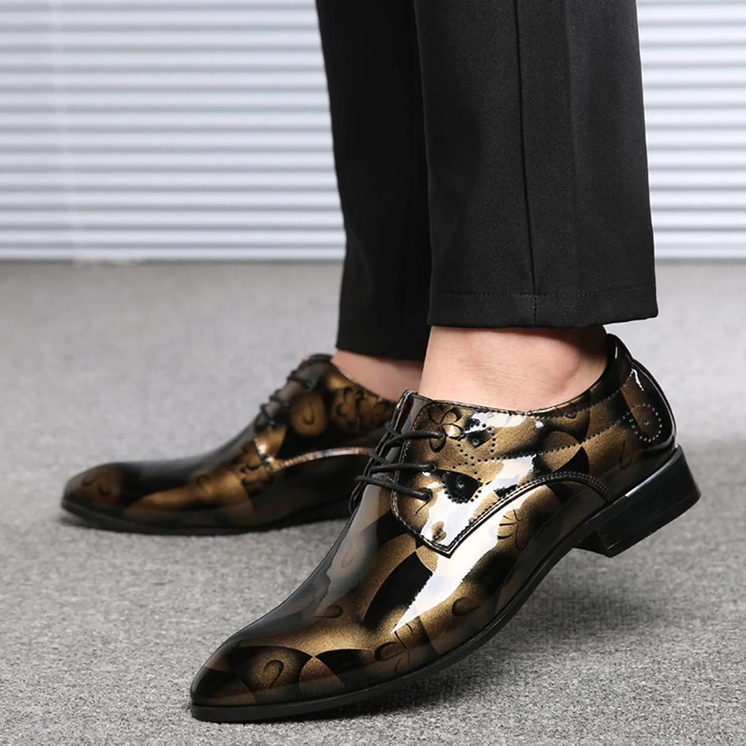 Men Fashion Dress Business Shoe Pointed Toe Floral Print Leather Lace Up Oxford Sneaker Low Heel Slip On Walking Shoes