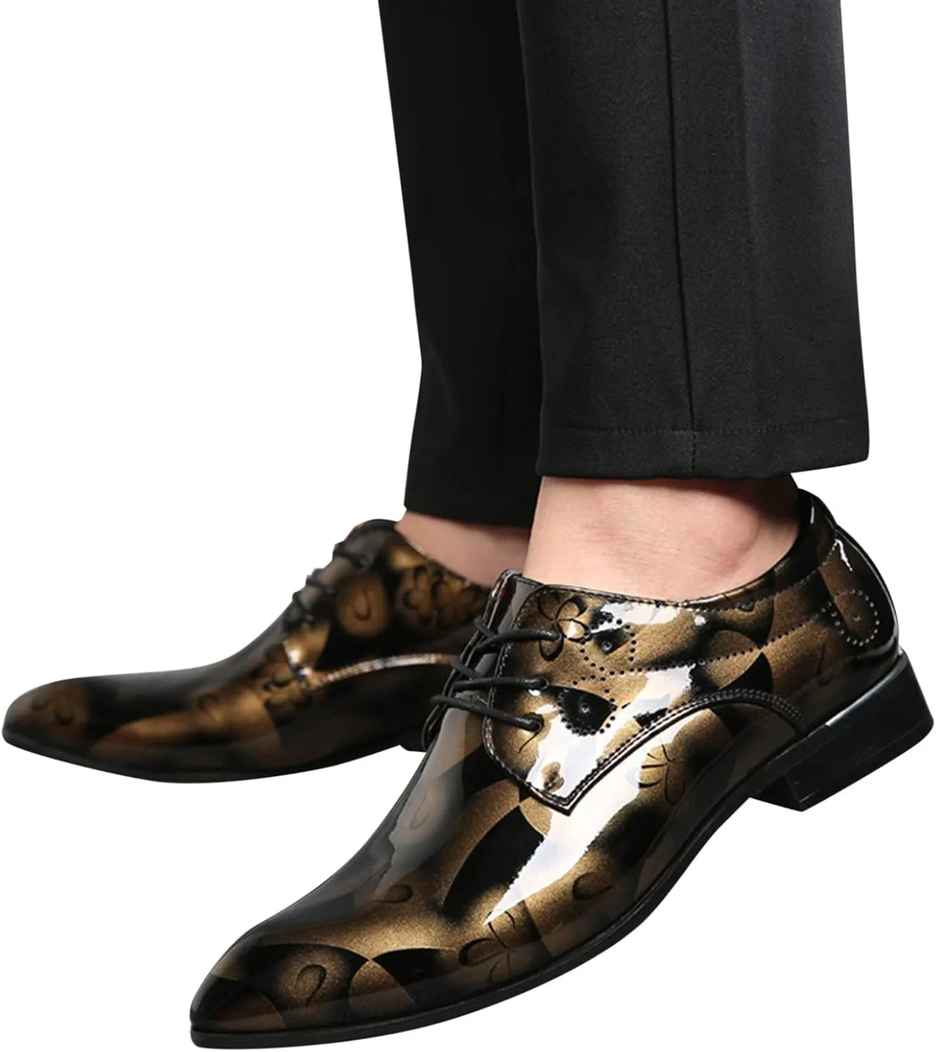 Men Fashion Dress Business Shoe Pointed Toe Floral Print Leather Lace Up Oxford Sneaker Low Heel Slip On Walking Shoes