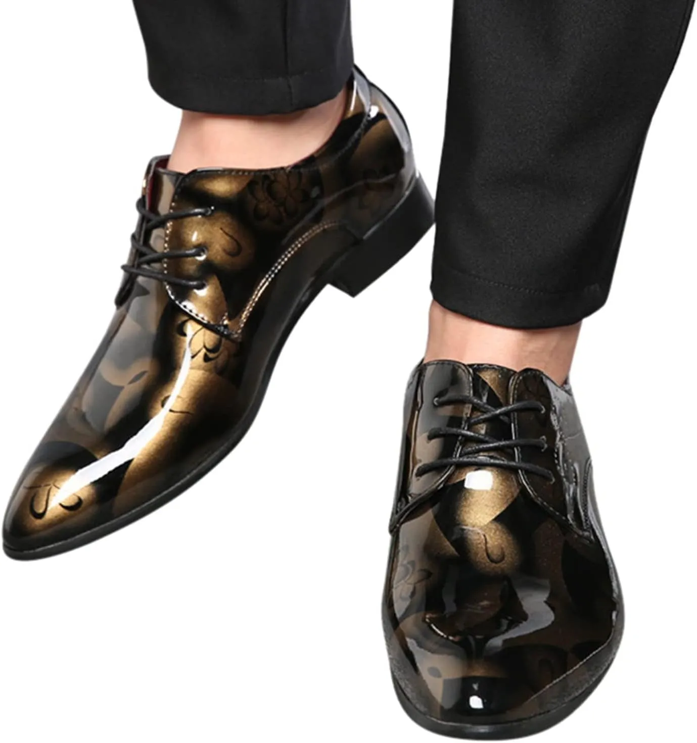 Men Fashion Dress Business Shoe Pointed Toe Floral Print Leather Lace Up Oxford Sneaker Low Heel Slip On Walking Shoes