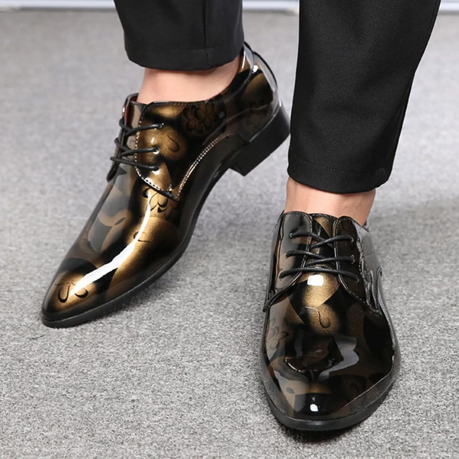 Men Fashion Dress Business Shoe Pointed Toe Floral Print Leather Lace Up Oxford Sneaker Low Heel Slip On Walking Shoes
