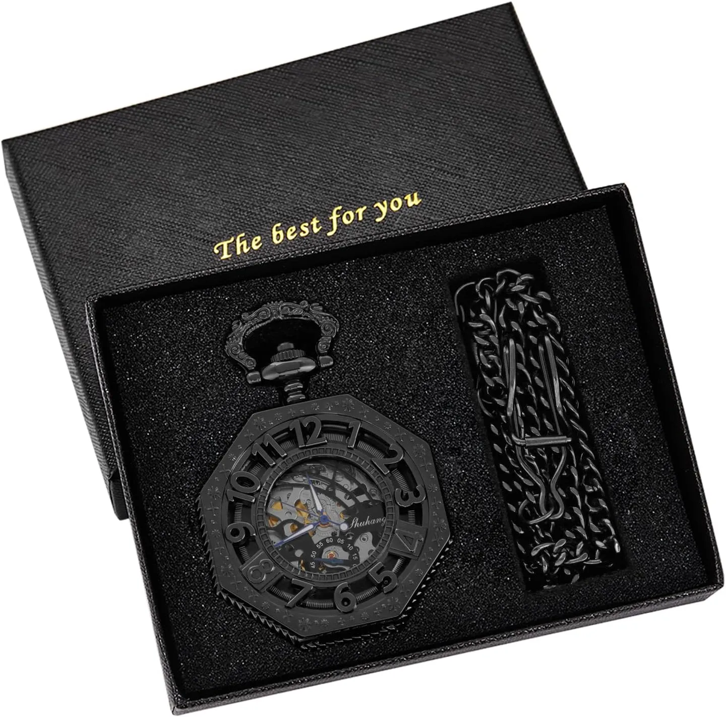Men's Black Arabic Numerals Mechanical Pocket Watch with Chain,Mechanical Pocket Watches for Men