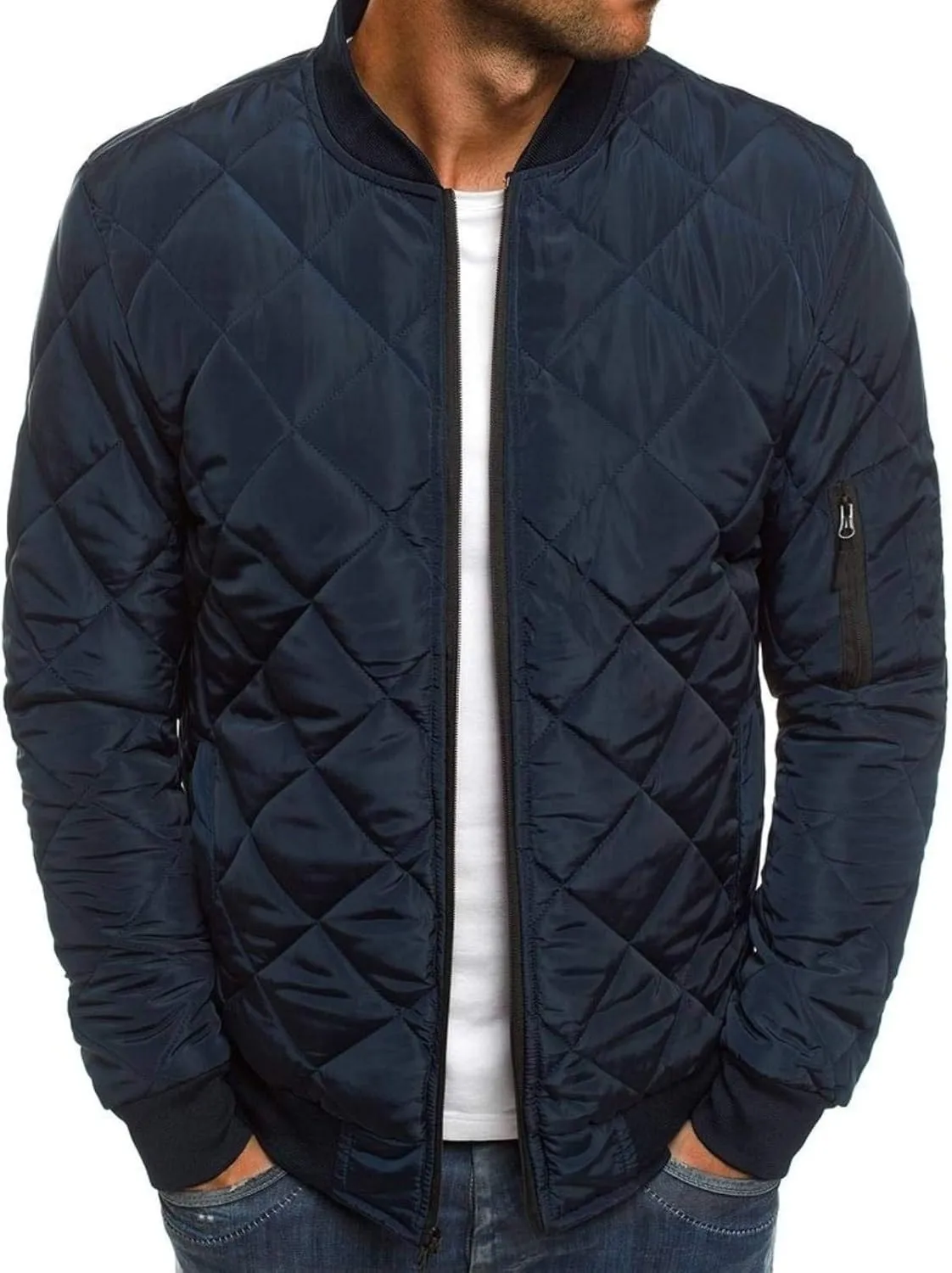 Mens Bomber Jackets Diamond Quilted Fall Winter Rib Varsity Lightweight Coat