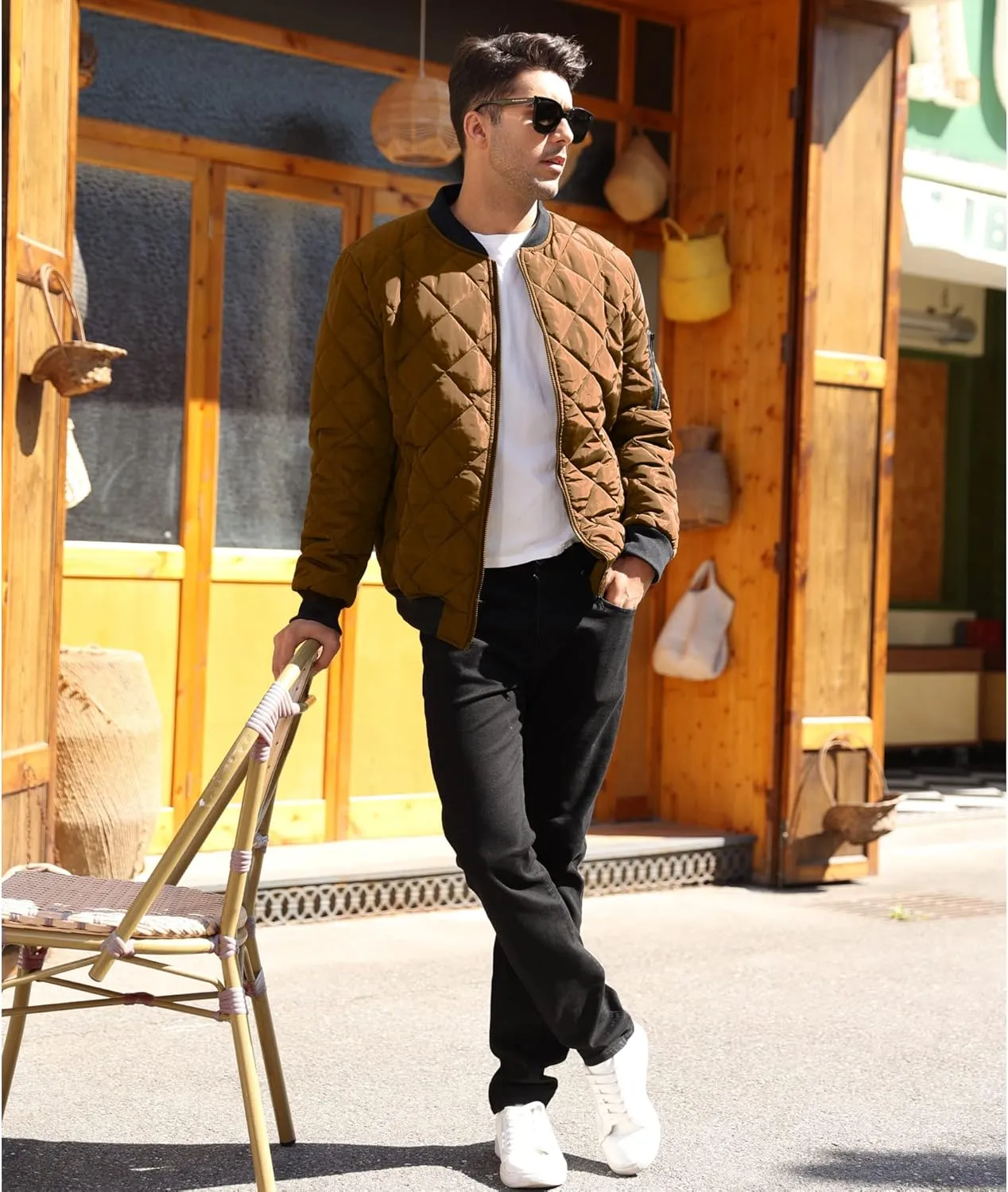 Mens Bomber Jackets Diamond Quilted Fall Winter Rib Varsity Lightweight Coat