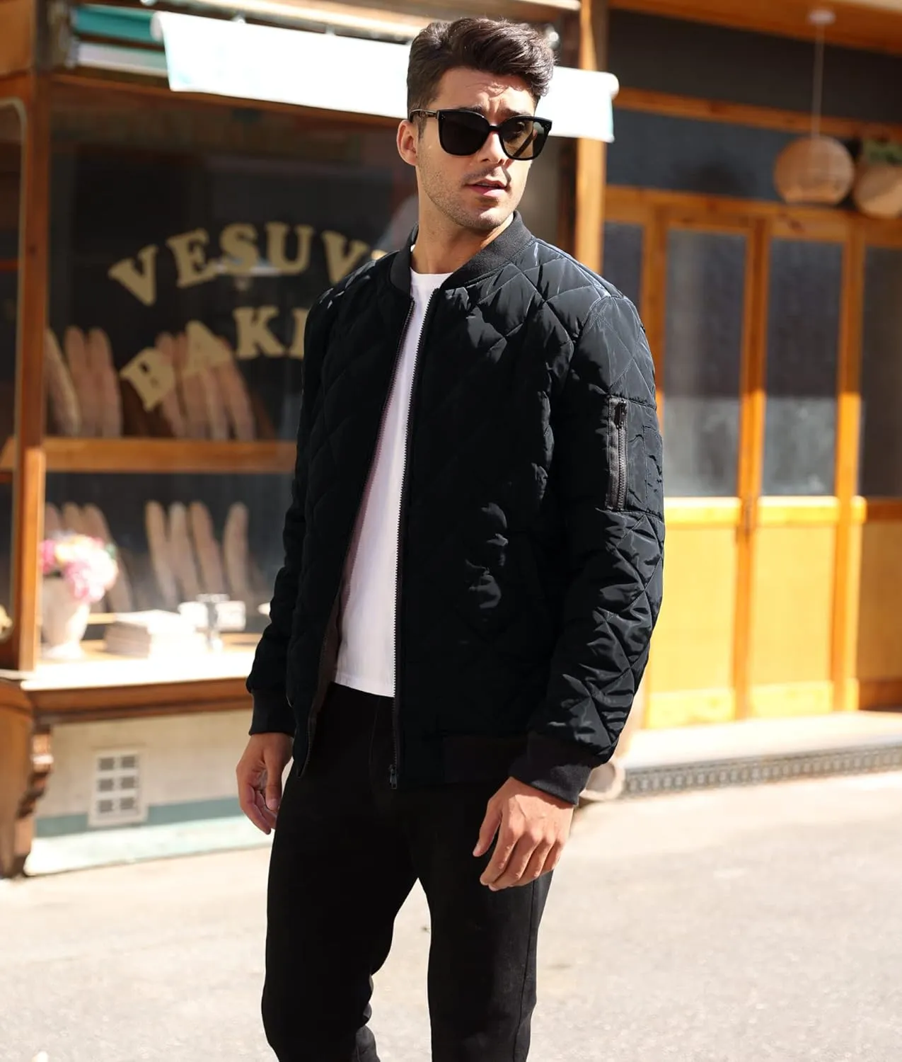 Mens Bomber Jackets Diamond Quilted Fall Winter Rib Varsity Lightweight Coat