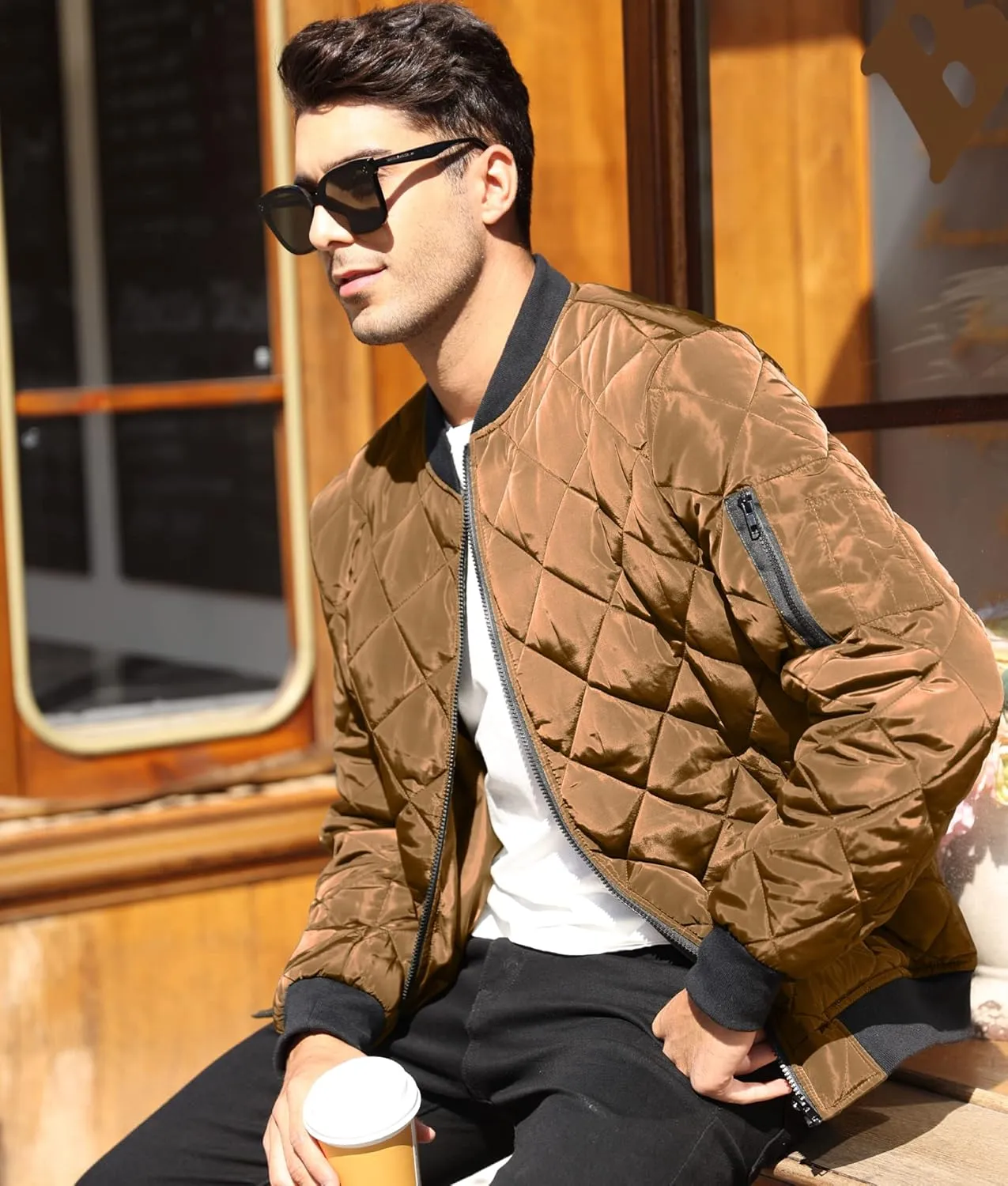 Mens Bomber Jackets Diamond Quilted Fall Winter Rib Varsity Lightweight Coat
