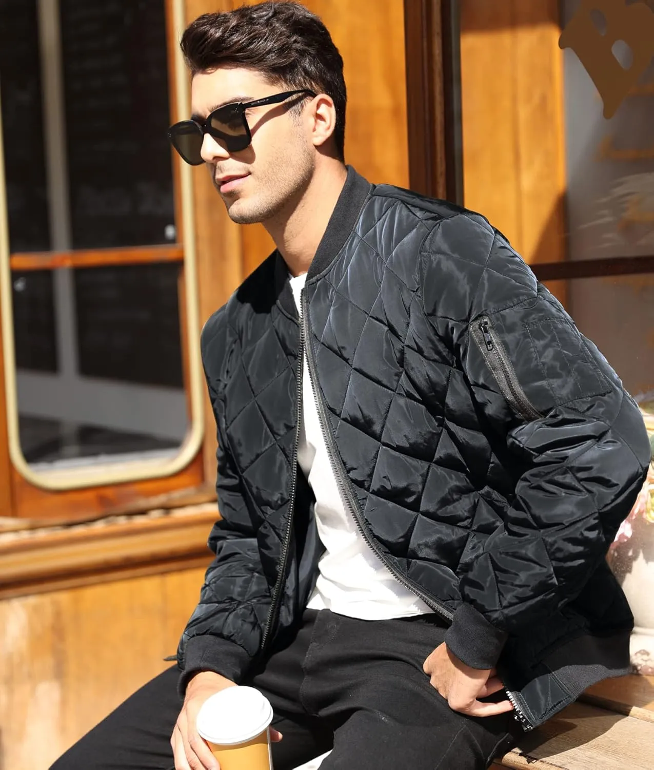 Mens Bomber Jackets Diamond Quilted Fall Winter Rib Varsity Lightweight Coat