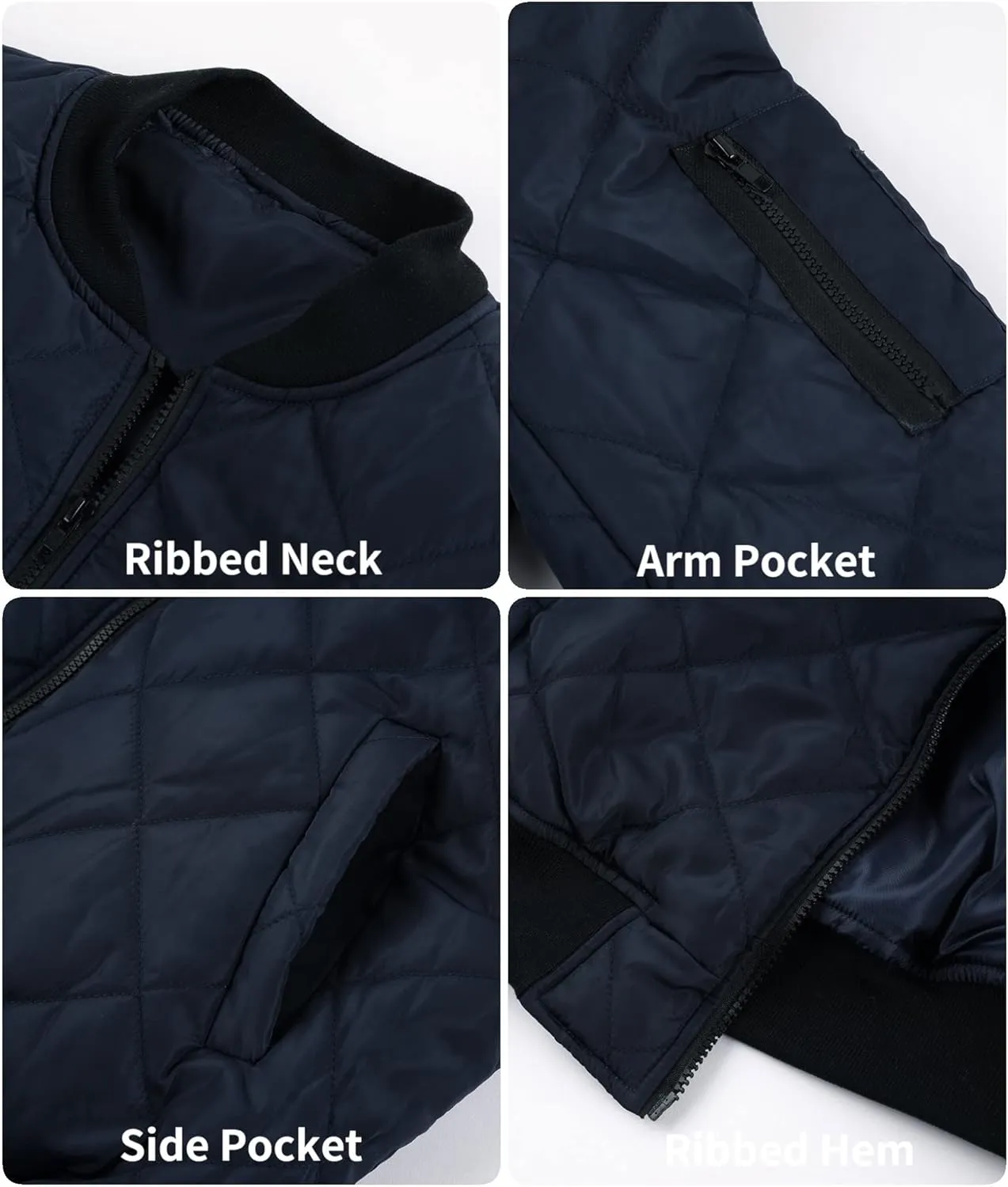 Mens Bomber Jackets Diamond Quilted Fall Winter Rib Varsity Lightweight Coat