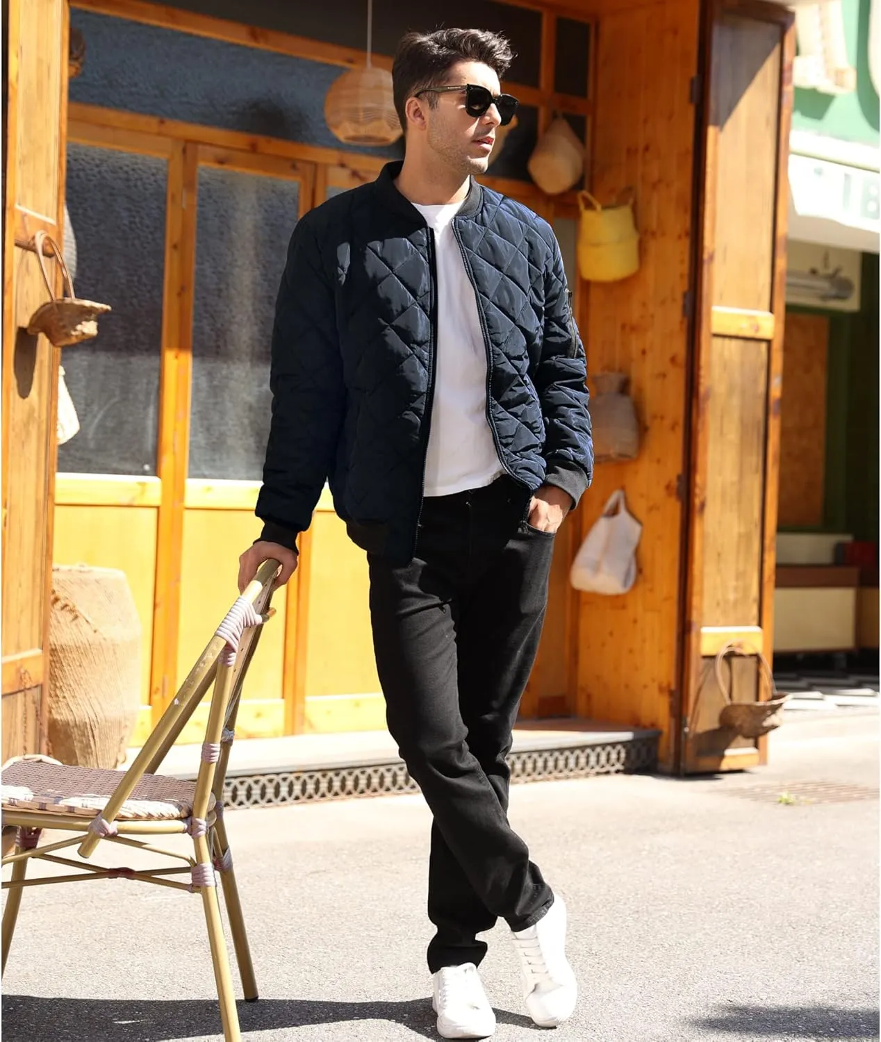Mens Bomber Jackets Diamond Quilted Fall Winter Rib Varsity Lightweight Coat