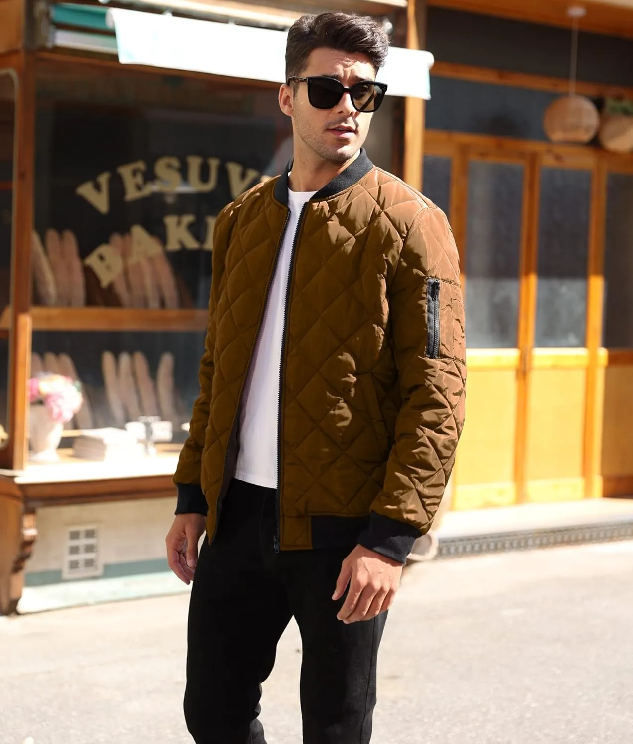 Mens Bomber Jackets Diamond Quilted Fall Winter Rib Varsity Lightweight Coat