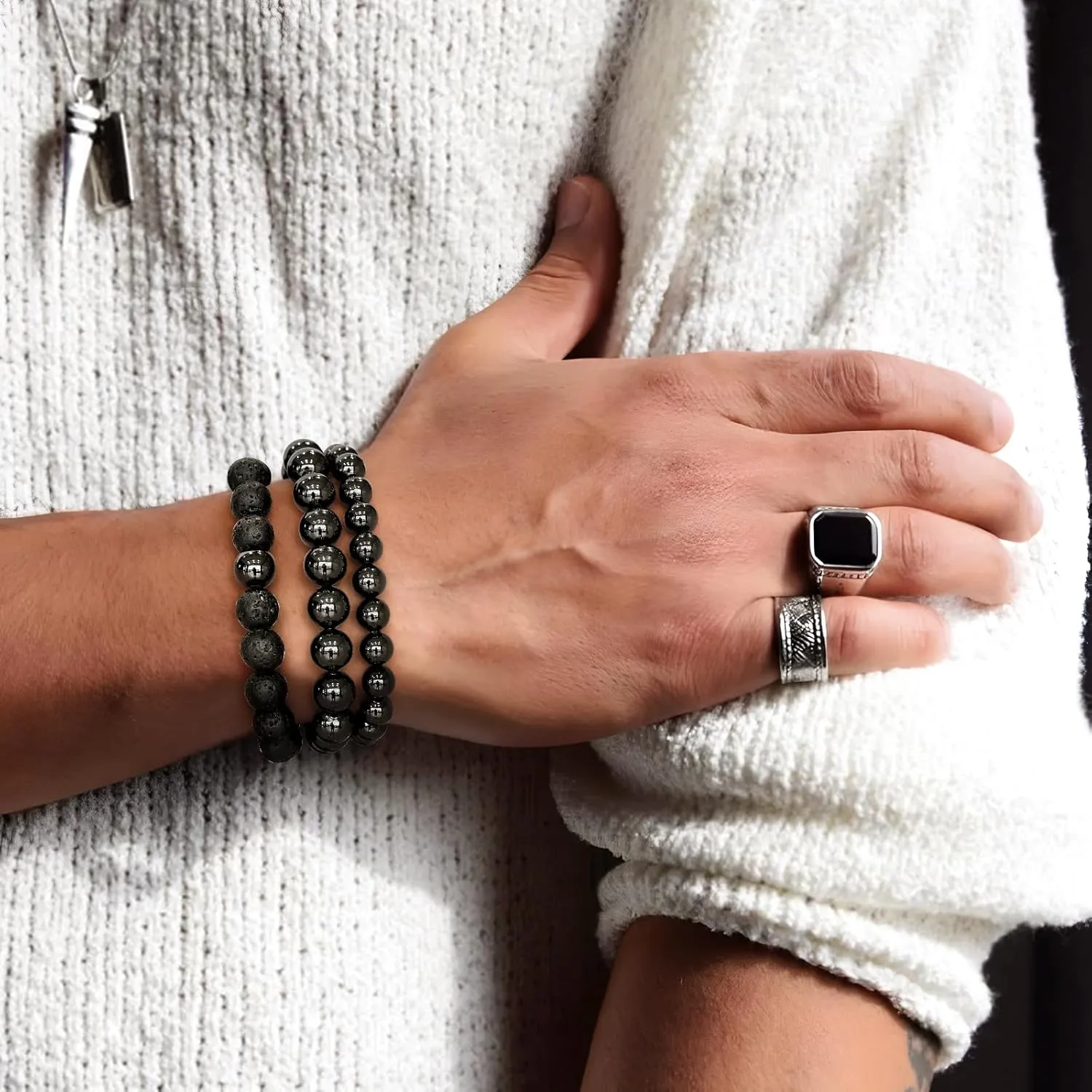 Mens Bracelet Tiger Eye Bracelet Stretch Bracelets Black Lava Rock Bracelet Mens Jewelry Natural Stone Beaded Bracelets for Men Gifts Christmas Birthday Valentine Anniversary