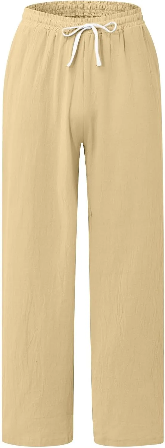 Men's Business Casual Linen Pants Drawstring Elastic Waist Lightweight Summer Beach Trousers