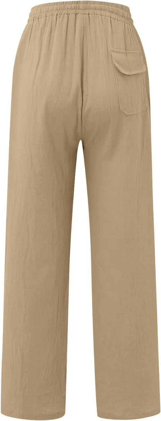 Men's Business Casual Linen Pants Drawstring Elastic Waist Lightweight Summer Beach Trousers