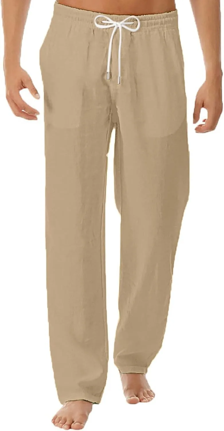 Men's Business Casual Linen Pants Drawstring Elastic Waist Lightweight Summer Beach Trousers