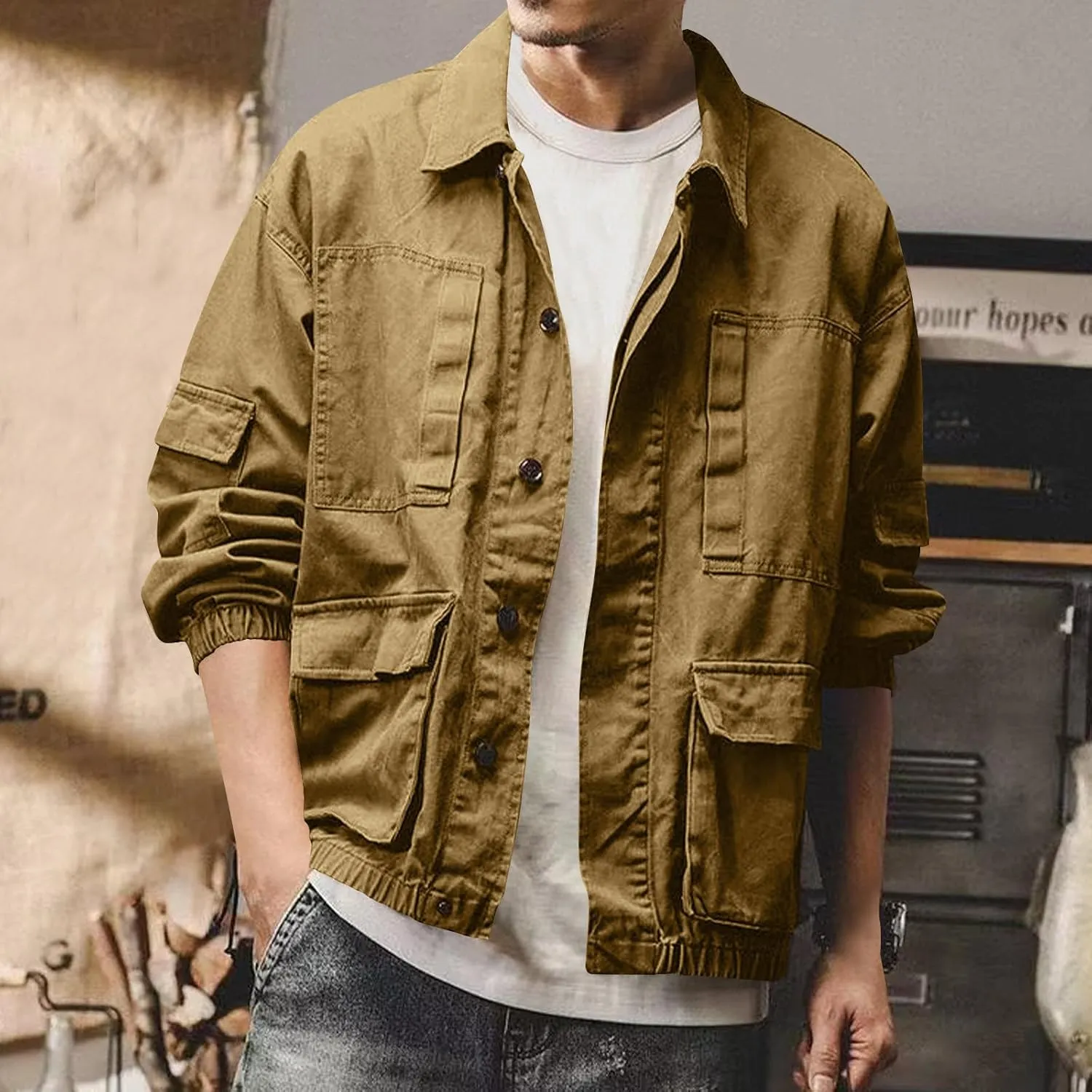 Mens Button Down Lapel Collar Jacket Long Sleeve Casual Shacket Jackets Vintage Lightweight Jacket with Pockets