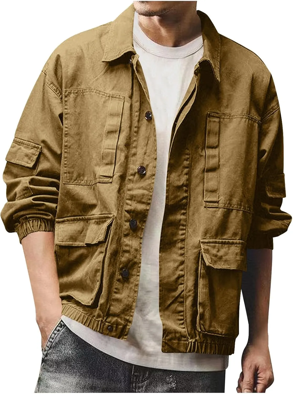 Mens Button Down Lapel Collar Jacket Long Sleeve Casual Shacket Jackets Vintage Lightweight Jacket with Pockets