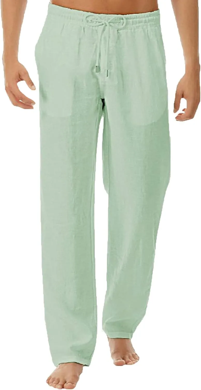 Men's Casual Linen Pants Lightweight Summer Beach Pant Loose Fit Trousers