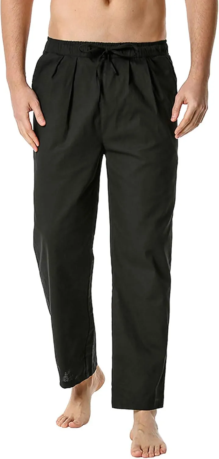 Mens Casual Linen Pants Loose Fit Lightweight Drawstring Elastic Waist Summer Beach Yoga Pants Lightweight Trousers