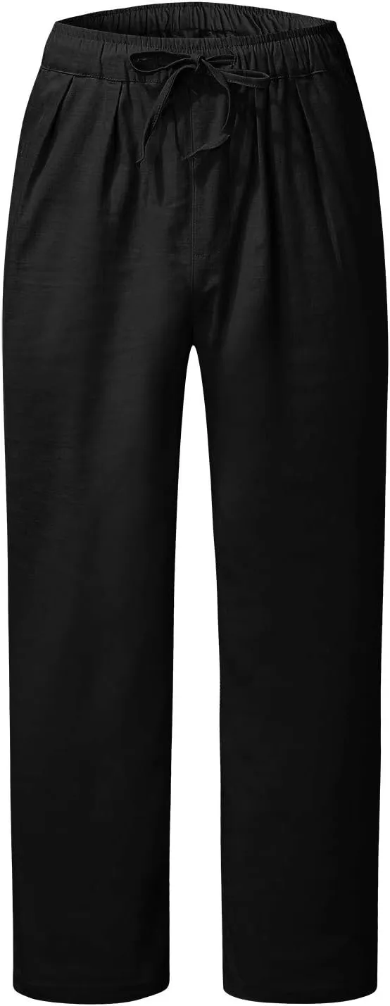 Mens Casual Linen Pants Loose Fit Lightweight Drawstring Elastic Waist Summer Beach Yoga Pants Lightweight Trousers