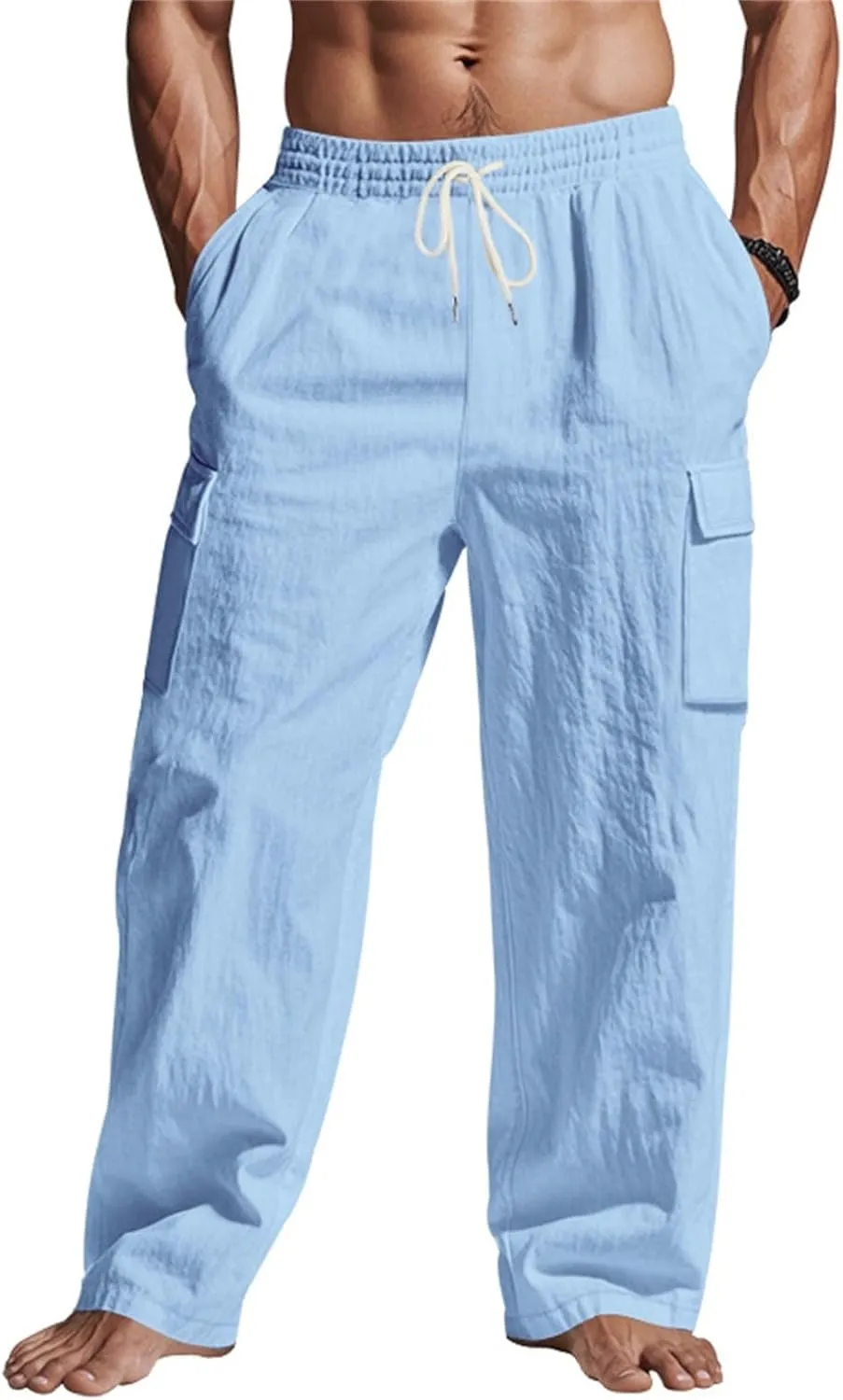 Mens Casual Linen Pants Loose Fit Lightweight Drawstring Elastic Waist Summer Beach Yoga Pants Lightweight Trousers