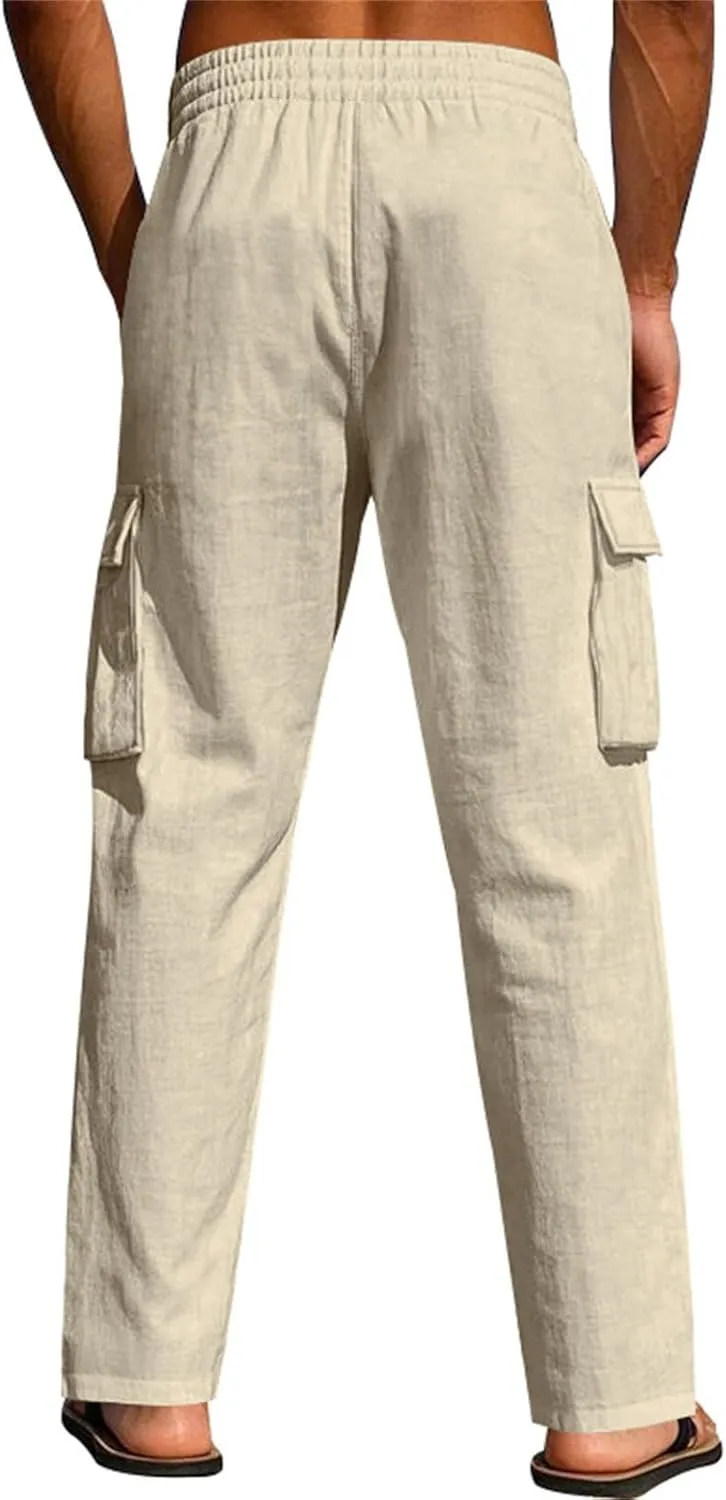 Mens Casual Linen Pants Loose Fit Lightweight Drawstring Elastic Waist Summer Beach Yoga Pants Lightweight Trousers