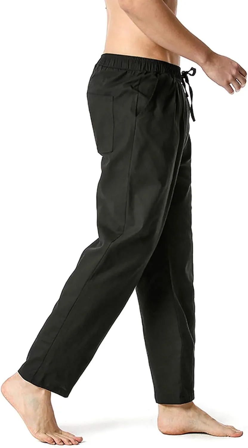 Mens Casual Linen Pants Loose Fit Lightweight Drawstring Elastic Waist Summer Beach Yoga Pants Lightweight Trousers