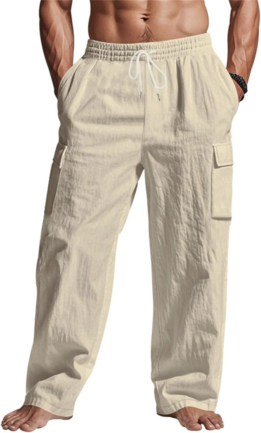 Mens Casual Linen Pants Loose Fit Lightweight Drawstring Elastic Waist Summer Beach Yoga Pants Lightweight Trousers
