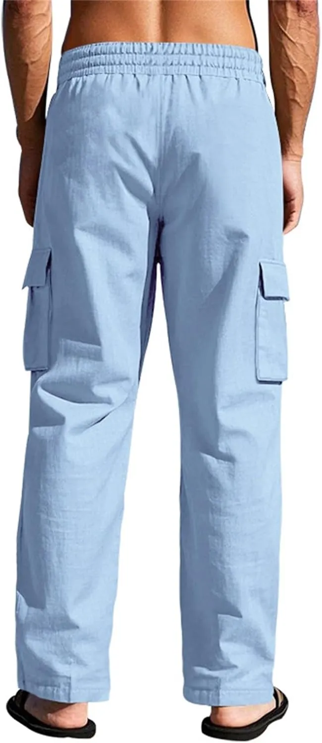 Mens Casual Linen Pants Loose Fit Lightweight Drawstring Elastic Waist Summer Beach Yoga Pants Lightweight Trousers