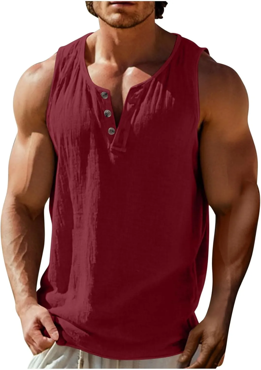 Mens Cotton Linen Button Down Sleeveless Henley Shirt Workout Tank Tops Summer V Neck Beach Muscle Bodybuilding Tees