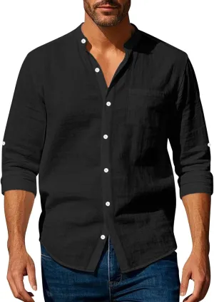 Mens Cotton Linen Shirt Long Sleeve Collarless Casual Button Down Shirt Lightweight Breathable Beach Tops