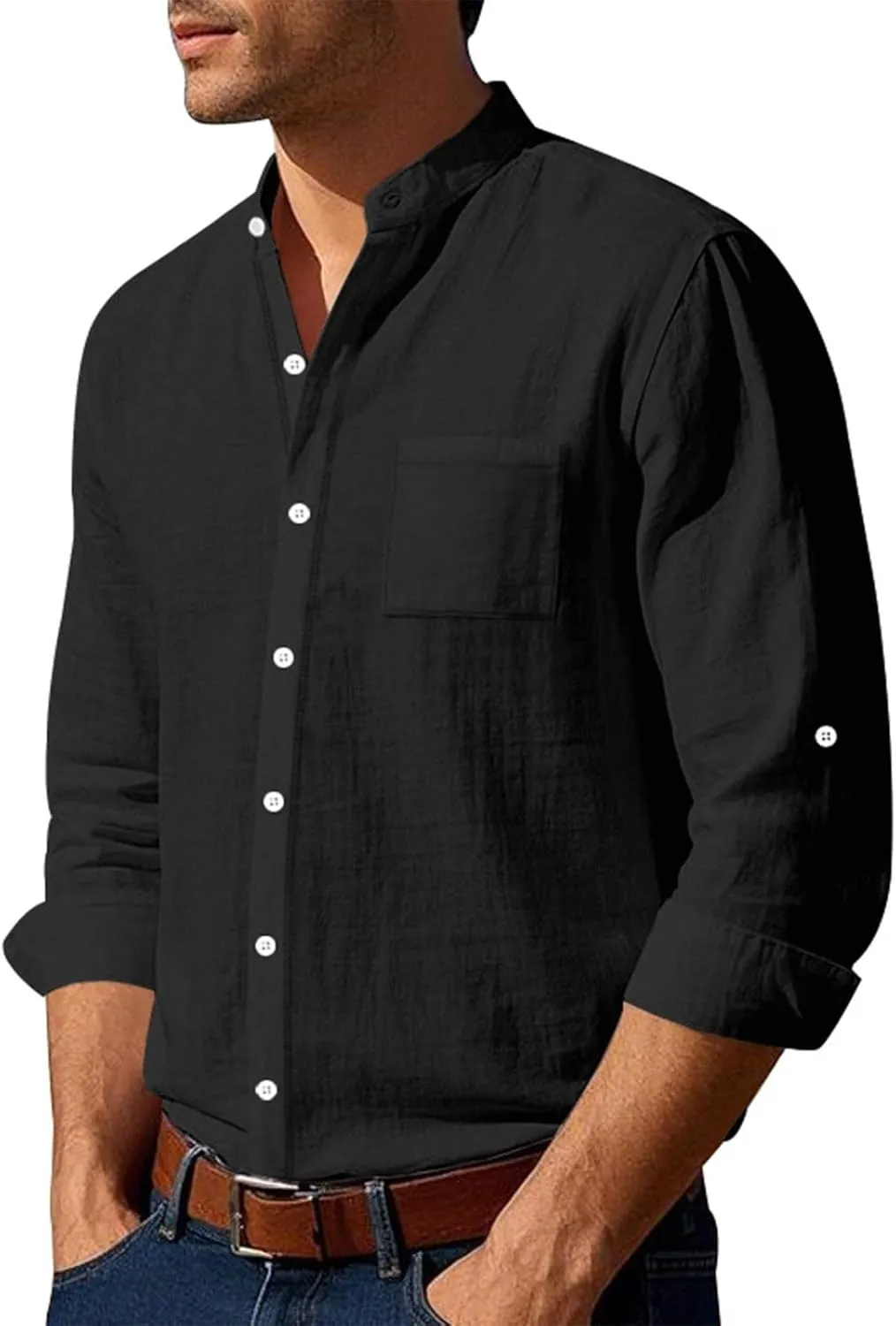 Mens Cotton Linen Shirt Long Sleeve Collarless Casual Button Down Shirt Lightweight Breathable Beach Tops