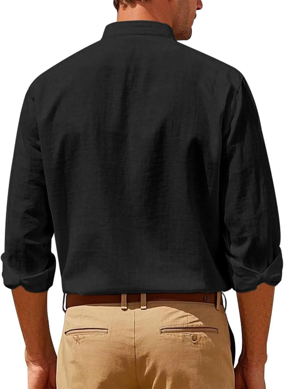 Mens Cotton Linen Shirt Long Sleeve Collarless Casual Button Down Shirt Lightweight Breathable Beach Tops