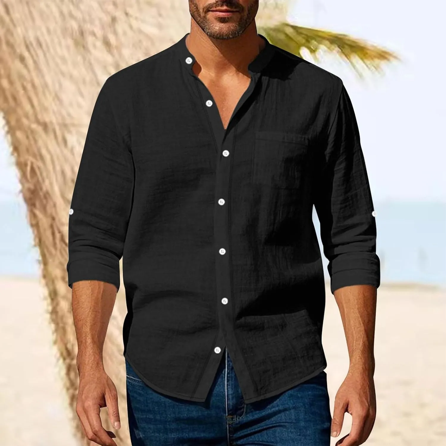 Mens Cotton Linen Shirt Long Sleeve Collarless Casual Button Down Shirt Lightweight Breathable Beach Tops