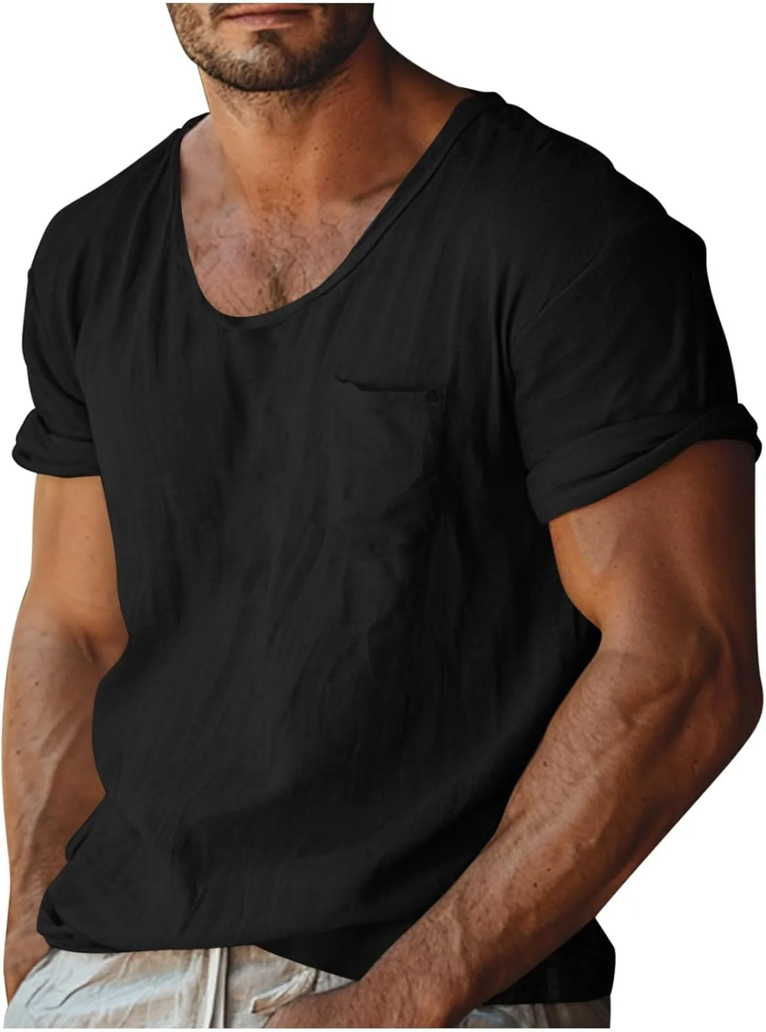 Men's Cotton Linen T Shirt Short Sleeve Crew Neck Tops Casual Summer Lightweight Loose Classic Basic Tee Shirts