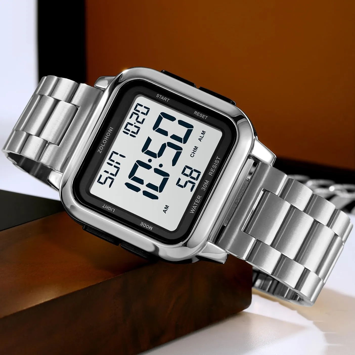 Mens Digital Watch for Men, Stainless Steel Square Watches, Mens Wrist Watches Waterproof Large Face Dual Time Date Watch