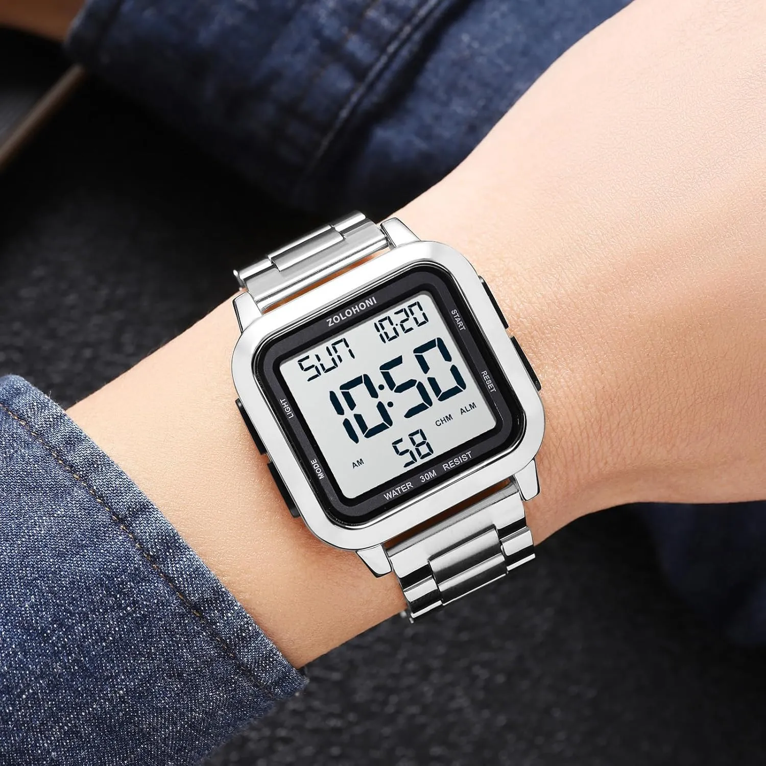 Mens Digital Watch for Men, Stainless Steel Square Watches, Mens Wrist Watches Waterproof Large Face Dual Time Date Watch