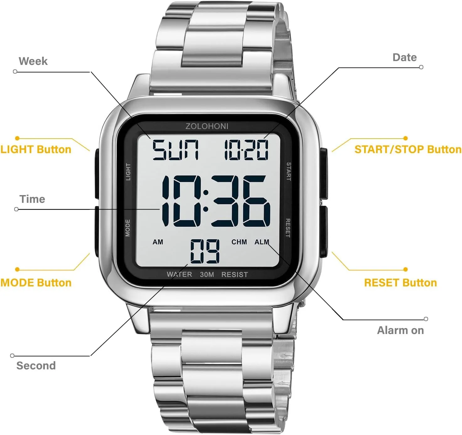 Mens Digital Watch for Men, Stainless Steel Square Watches, Mens Wrist Watches Waterproof Large Face Dual Time Date Watch
