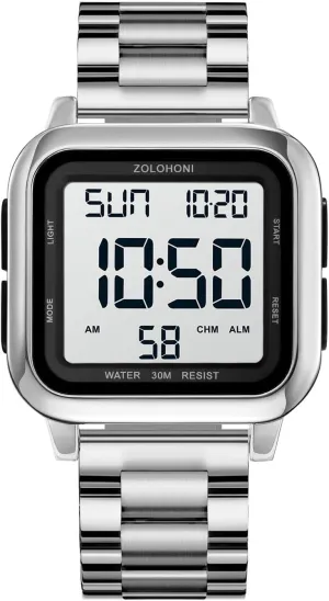 Mens Digital Watch for Men, Stainless Steel Square Watches, Mens Wrist Watches Waterproof Large Face Dual Time Date Watch
