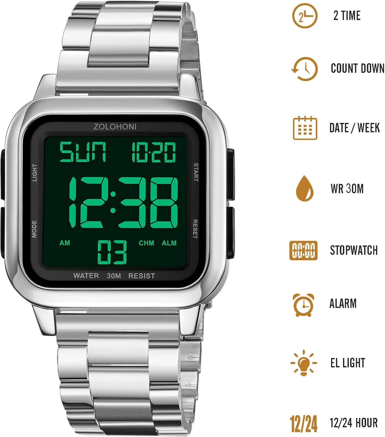 Mens Digital Watch for Men, Stainless Steel Square Watches, Mens Wrist Watches Waterproof Large Face Dual Time Date Watch