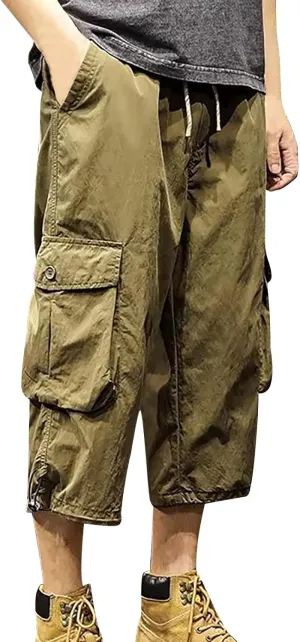 Mens Fashion Capri Cargo Pants Dressy Causal Tactical Hiking Pants Straight High Waist Loose Trendy Versatile Street Overalls