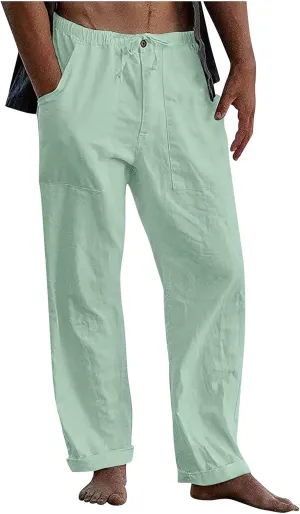Mens Fleece Pants Sweat Pants for Man Casual Loose and Comfortable Casual Pants Cotton Linen Printed Drawstring Trousers